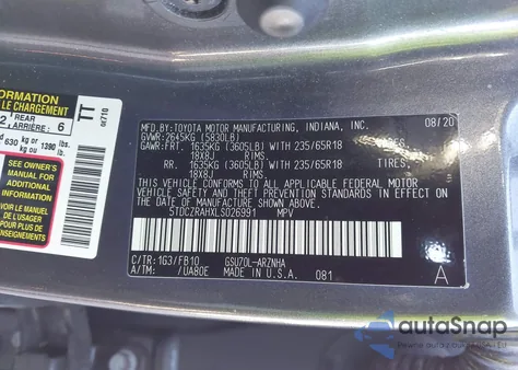 2020 Toyota Highlander L z USA, uszkodzony, nr VIN 5TDCZRAHXLS026991